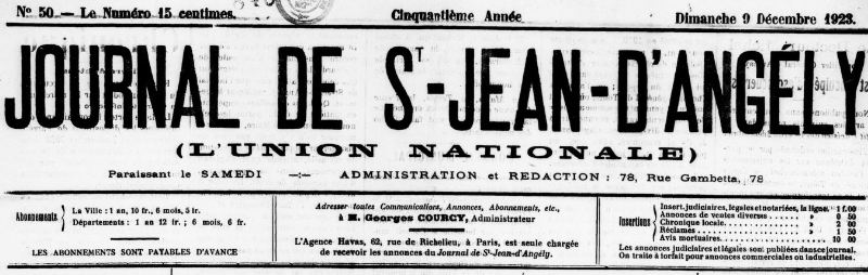 Photo (BnF / Gallica) de : Journal de St-Jean-d'Angély (L'Union nationale). Saint-Jean-d'Angély, 1923-1941. ISSN 2130-6060.