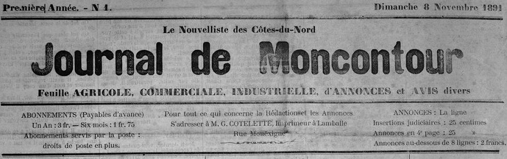 Photo (Côtes-d'Armor. Archives départementales) de : Journal de Moncontour, Le Nouvelliste des Côtes-du-Nord. Lamballe, 1891-1892. ISSN 1966-1479.