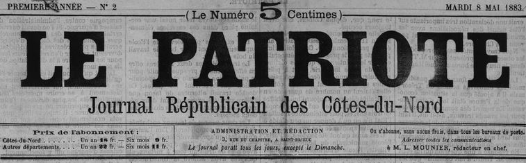 Photo (Côtes-d'Armor. Archives départementales) de : Le Patriote. Saint-Brieuc, 1883-1888. ISSN 1963-7284.