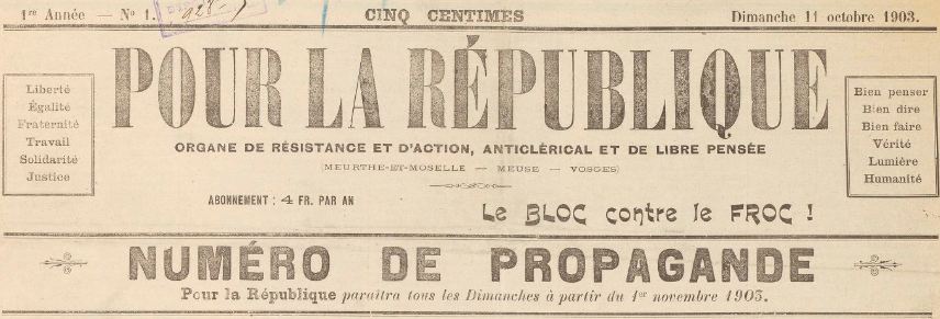 Photo (BnF / Gallica) de : Pour la République. Nancy, 1903-1907. ISSN 1960-5919.
