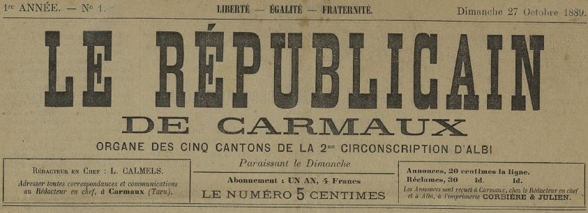 Photo (Archives municipales de Carmaux (Tarn)) de : Le Républicain de Carmaux. Carmaux, 1889-1890. ISSN 2136-2513.