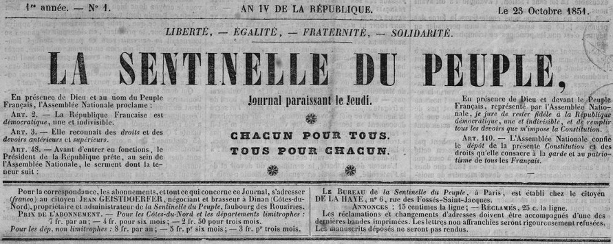 Photo (Côtes-d'Armor. Archives départementales) de : La Sentinelle du peuple. Dinan : Jean Bazouge, 1851. ISSN 1963-7896.