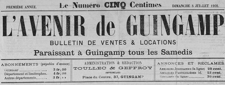 Photo (Côtes-d'Armor. Archives départementales) de : L'Avenir de Guingamp. Guingamp, 1908-1914. ISSN 1141-2208.