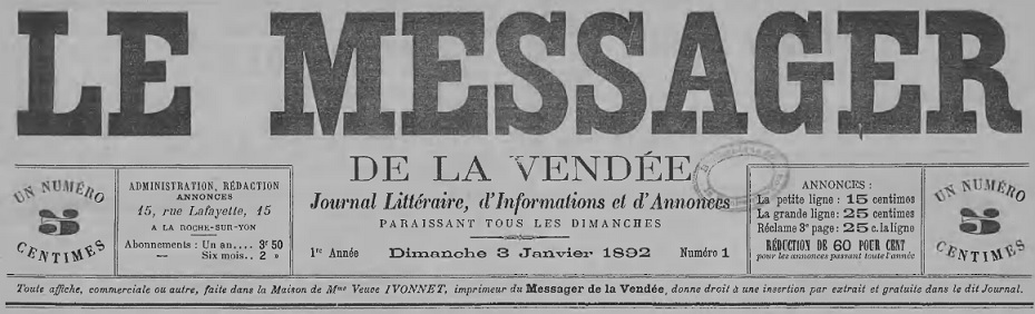 Photo (Médiathèque Benjamin-Rabier (La Roche-sur-Yon)) de : Le Messager de la Vendée. La Roche-sur-Yon, 1892-1944. ISSN 1155-9012.