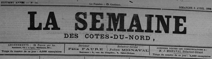 Photo (Côtes-d'Armor. Archives départementales) de : La Semaine des Côtes-du-Nord. Saint-Brieuc, 1889-1891. ISSN 1963-7314.