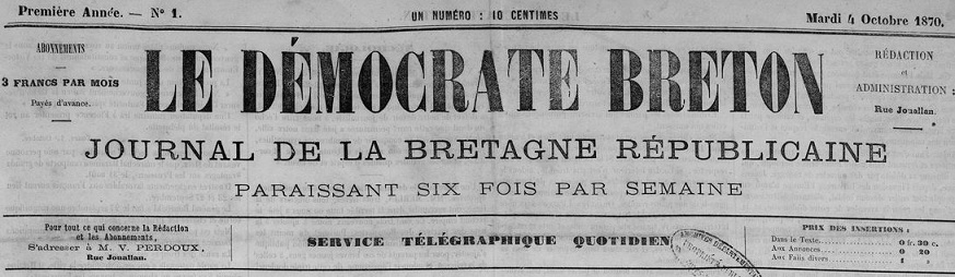 Photo (Côtes-d'Armor. Archives départementales) de : Le Démocrate breton. Saint-Brieuc : Francisque Guyon, 1870-1871. ISSN 2258-5990.