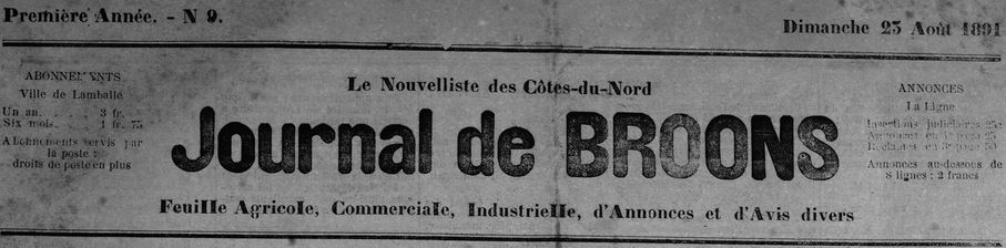 Photo (Côtes-d'Armor. Archives départementales) de : Journal de Broons, Le Nouvelliste des Côtes-du-Nord. Lamballe, 1891. ISSN 2259-0307.