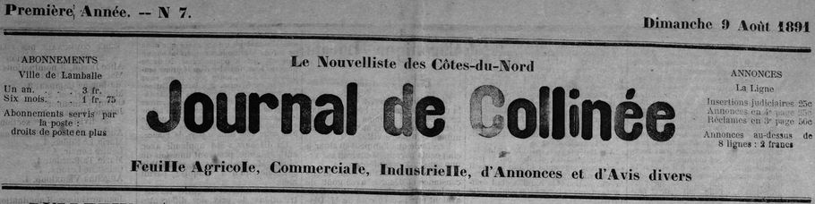 Photo (Côtes-d'Armor. Archives départementales) de : Journal de Collinée, Le Nouvelliste des Côtes-du-Nord. Lamballe, 1891. ISSN 2259-0323.