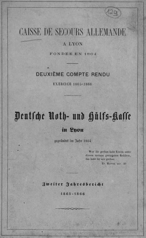 Photo (Bayerische Staatsbibliothek München, Pol.civ. 24 g-2, S. 5, urn:nbn:de:bvb:12-bsb10766286-6) de : Caisse de secours allemande à Lyon. [Lyon], [1864 ?-1867 ?]. ISSN 2493-8920.