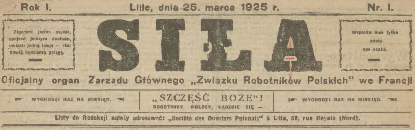 Photo (Biblioteka publiczna miasta stołecznego Warszawy) de : Siła. Lille, 1925-[1928 ?]. ISSN 2138-1216.