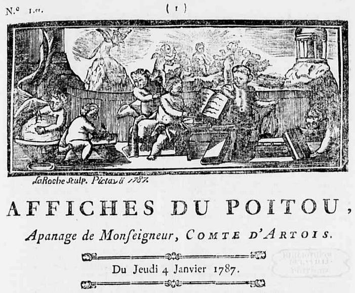 Photo (Médiathèque François-Mitterrand (Poitiers)) de : Affiches du Poitou. Poitiers : au Bureau d'avis, chez Michel-Vincent Chevrier,... directeur privilégié, 1787-1789. ISSN 1967-8290.