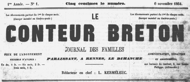 Photo (Bibliothèque de Rennes métropole, Les Tablettes rennaises) de : Le Conteur breton. Rennes, 1864-1867. ISSN 2022-8201.