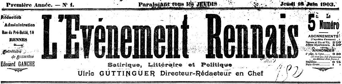Photo (Bibliothèque de Rennes métropole, Les Tablettes rennaises) de : L'Événement rennais. Rennes, 1903-[1904 ?]. ISSN 2127-6633.