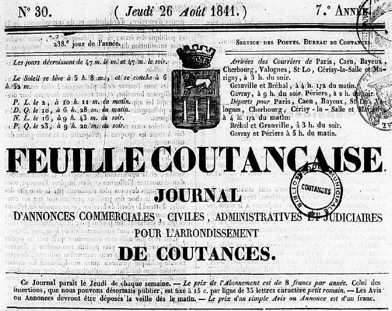 Photo (Centre régional des lettres (Basse-Normandie)) de : Feuille coutançaise. Coutances, 1841-[1851 ?]. ISSN 2127-875X.