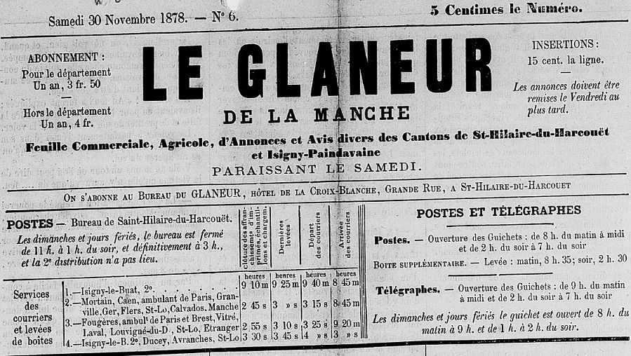Photo (Centre régional des lettres (Basse-Normandie)) de : Le Glaneur de la Manche. Saint-Hilaire-du-Harcouët, 1878-1944. ISSN 2128-9115.
