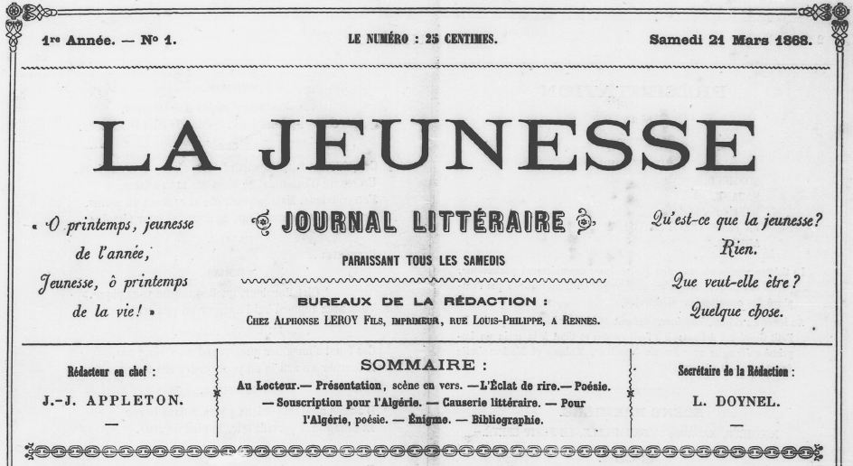 Photo (Bibliothèque de Rennes métropole, Les Tablettes rennaises) de : La Jeunesse. Rennes, 1868-1869. ISSN 2130-1026.