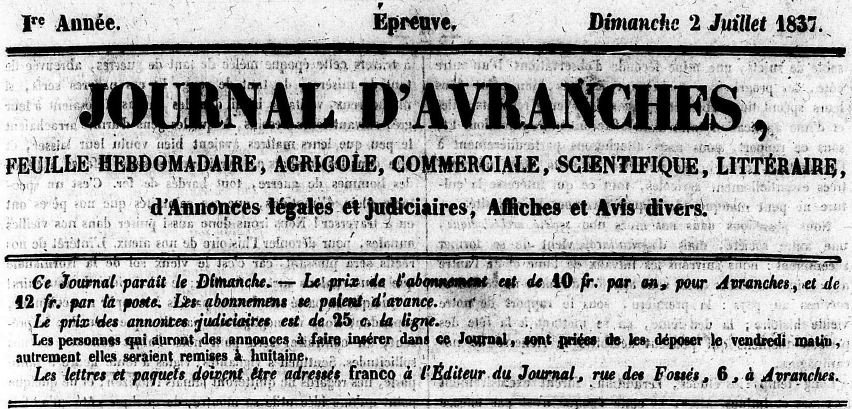 Photo (Centre régional des lettres (Basse-Normandie)) de : Journal d'Avranches. Avranches, 1837-1868. ISSN 2130-2200.
