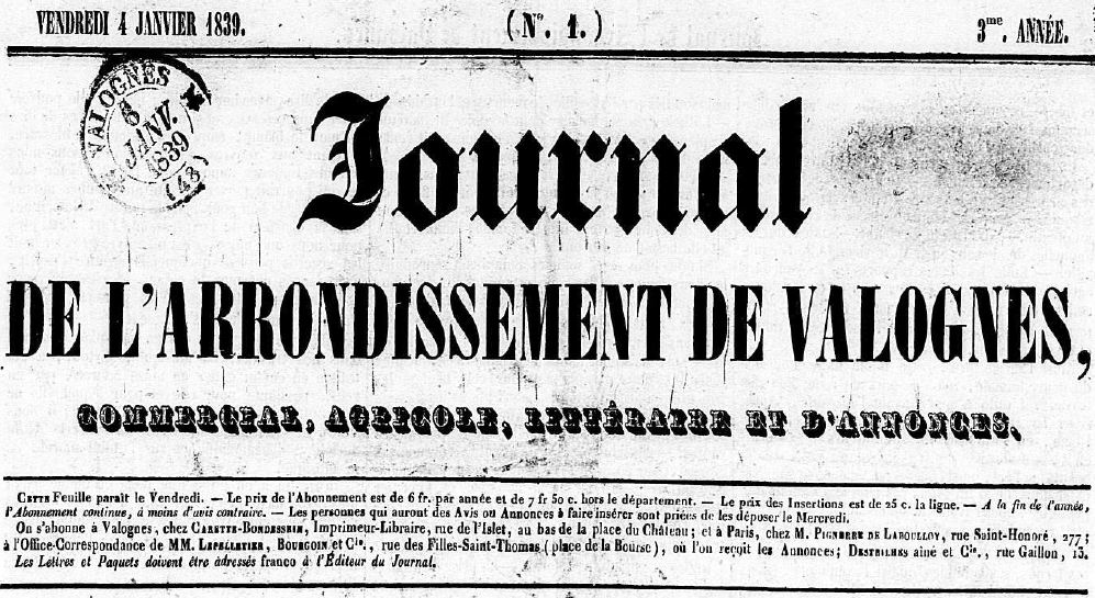 Photo (Centre régional des lettres (Basse-Normandie)) de : Journal de l'arrondissement de Valognes. Valognes : Carette-Bondessein, 1837-1924. ISSN 2130-3991.