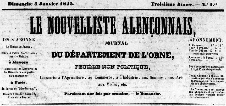 Photo (Centre régional des lettres (Basse-Normandie)) de : Le Nouvelliste alençonnais. Alençon, 1843-1867. ISSN 2133-1375.