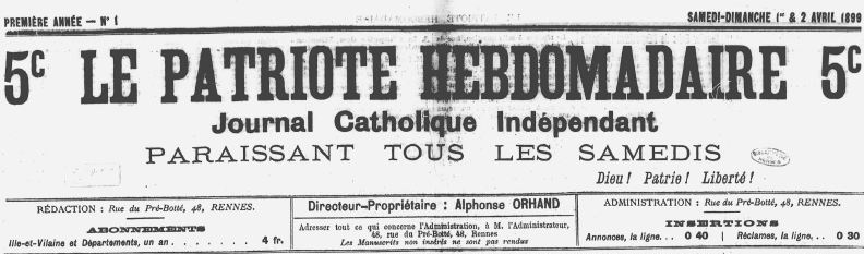 Photo (Bibliothèque de Rennes métropole, Les Tablettes rennaises) de : Le Patriote hebdomadaire. Rennes, 1899-1900. ISSN 2133-7381.