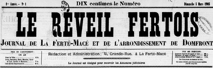 Photo (Centre régional des lettres (Basse-Normandie)) de : Le Réveil fertois. La Ferté-Macé, 1905-1919. ISSN 2137-0257.