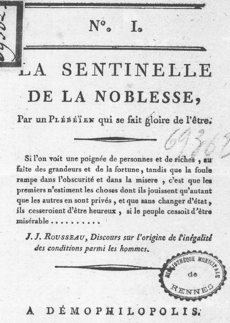 Photo (Bibliothèque de Rennes métropole, Les Tablettes rennaises) de : La Sentinelle de la noblesse. Demophilopolis, 1788. ISSN 2107-9161.