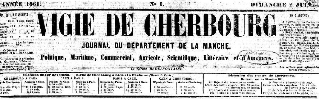 Photo (Centre régional des lettres (Basse-Normandie)) de : Vigie de Cherbourg. Cherbourg, 1861-1906. ISSN 2140-0342.