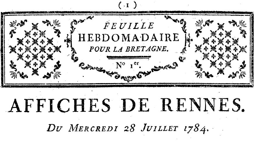 Photo (Bibliothèque de Rennes métropole, Les Tablettes rennaises) de : Affiches de Rennes. Rennes : chez la veuve François Vatar, 1784-1792. ISSN 2106-2803.