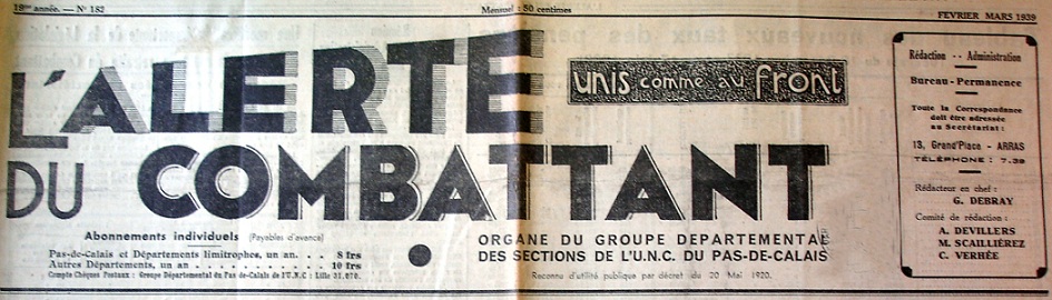 Photo (Société des amis de Panckoucke) de : L'Alerte du combattant. Arras, 1929-1940. ISSN 2120-5698.