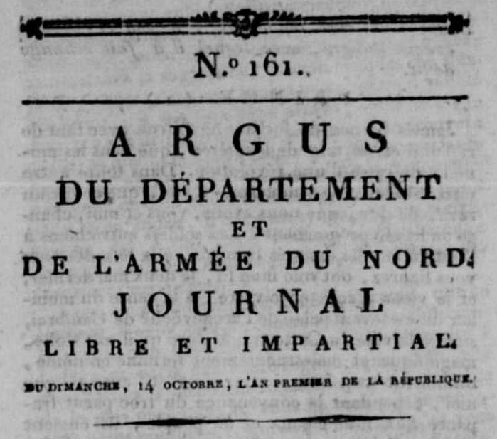 Photo (Calvados. Archives départementales) de : Argus du département et de l'armée du Nord. Valenciennes, 1792-1793. ISSN 2120-9669.
