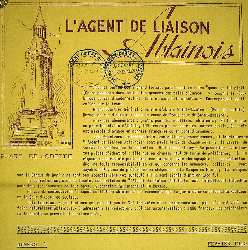 Photo (Société des amis de Panckoucke) de : L'Agent de liaison ablainois. Ablain-Saint-Nazaire, 1940. ISSN 1965-3999.