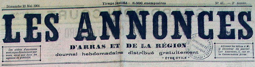 Photo (Société des amis de Panckoucke) de : Les Annonces d'Arras et de la région. Arras, [1903 ?-1909 ?]. ISSN 1965-4014.