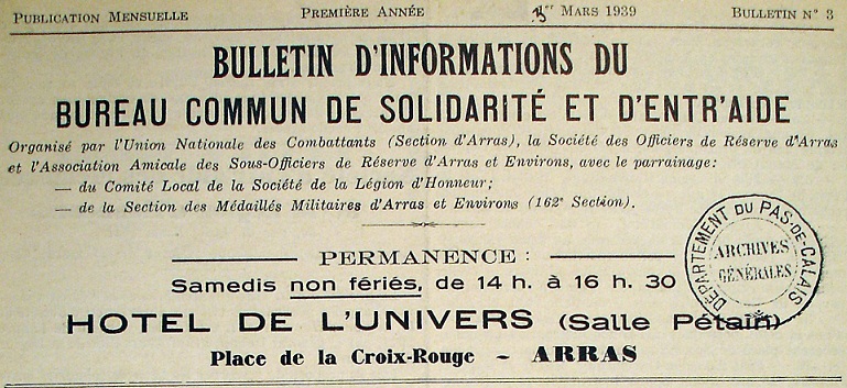 Photo (Société des amis de Panckoucke) de : Bulletin d'informations du Bureau commun de solidarité et d'entr'aide. Arras, 1939. ISSN 2557-2989.