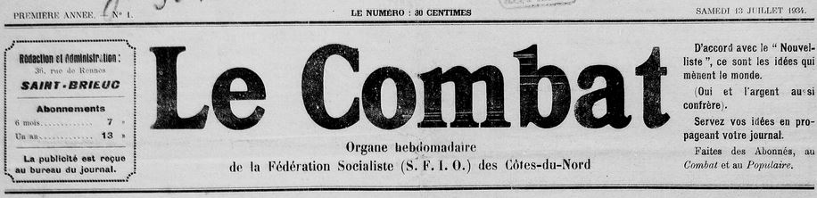 Photo (Côtes-d'Armor. Archives départementales) de : Le Combat. Saint-Brieuc, 1934-1936. ISSN 1963-7055.