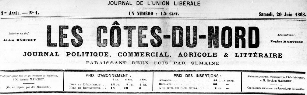 Photo (Côtes-d'Armor. Archives départementales) de : Les Côtes-du-Nord. Saint-Brieuc, 1868-1875. ISSN 1963-725X.