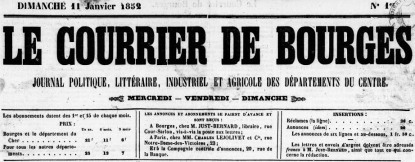 Photo (BnF / Gallica) de : Le Courrier de Bourges. Bourges : Veuve Ménagé, 1852-1872. ISSN 1966-4605.