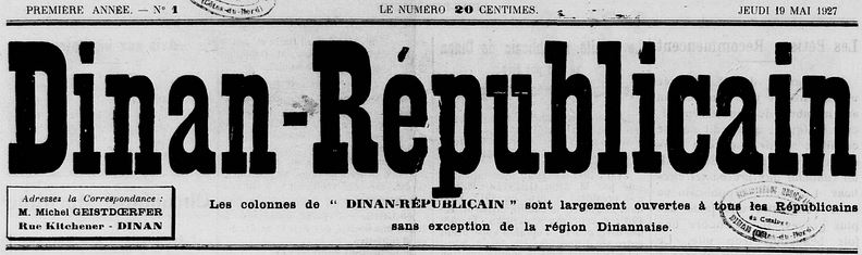 Photo (Côtes-d'Armor. Archives départementales) de : Dinan-républicain. Dinan, 1927-1944. ISSN 1963-7160.