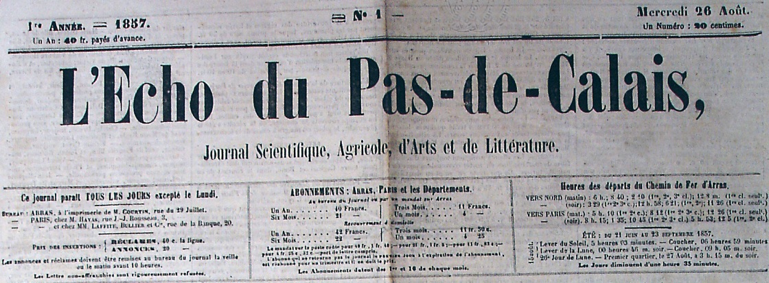 Photo (Société des amis de Panckoucke) de : L'Écho du Pas-de-Calais. Arras, 1857-[1858 ?]. ISSN 2126-6433.