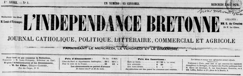 Photo (Côtes-d'Armor. Archives départementales) de : L'Indépendance bretonne. Saint-Brieuc, 1870-1916. ISSN 1282-8270.