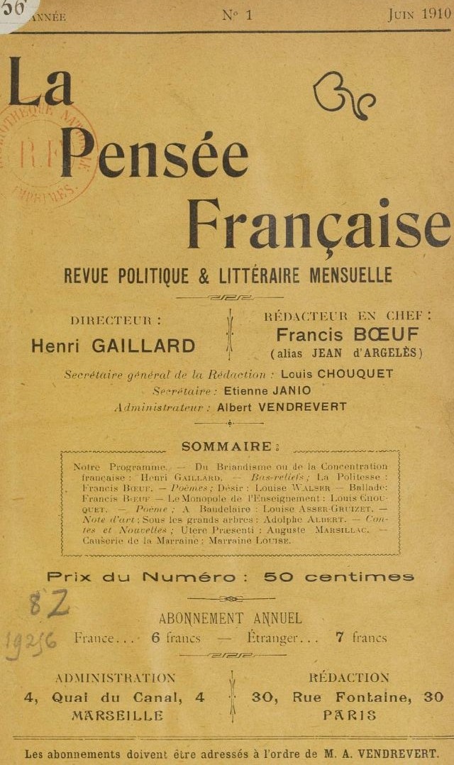Photo (BnF / Gallica) de : La Pensée française. Marseille, Paris, 1910. ISSN 2133-8620.