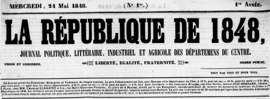 Photo (BnF / Gallica) de : La République de 1848. Bourges : Veuve Ménagé, 1848-1852. ISSN 2136-5156.