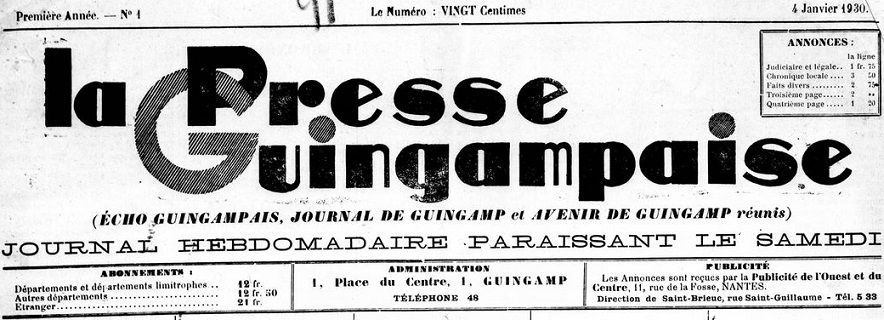 Photo (Côtes-d'Armor. Archives départementales) de : La Presse guingampaise. Guingamp, 1930-1944. ISSN 1141-2194.