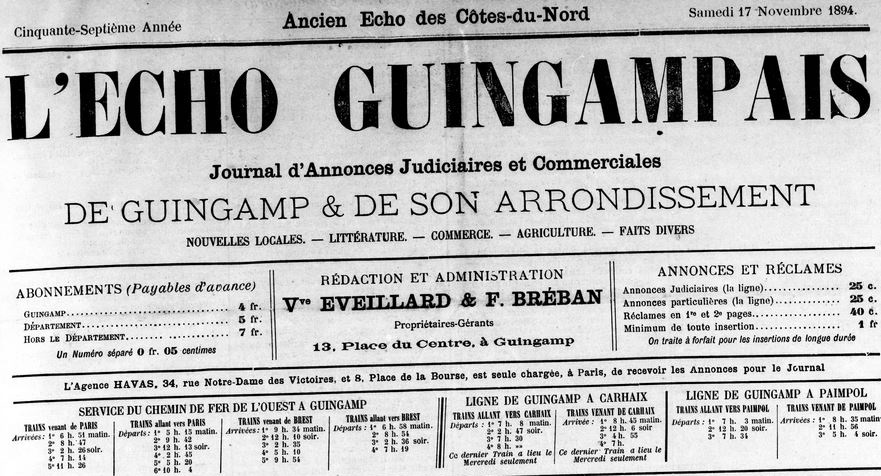 Photo (Côtes-d'Armor. Archives départementales) de : L'Écho guingampais. Guingamp, 1894-1929. ISSN 1141-2224.