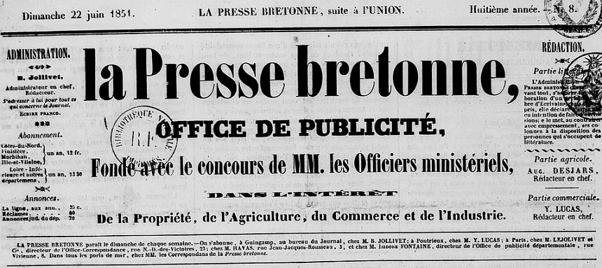 Photo (Côtes-d'Armor. Archives départementales) de : La Presse bretonne. Guingamp : Benjamin Jollivet, 1851-1885. ISSN 1141-2240.