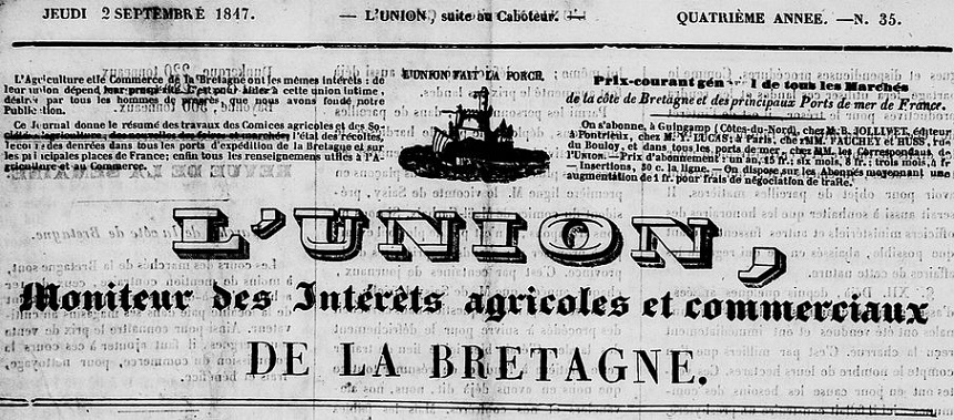 Photo (Côtes-d'Armor. Archives départementales) de : Le Caboteur. Guingamp : Jollivet, 1844-1845. ISSN 1141-2275.L'Union. Guingamp : Benjamin Jollivet, 1845-1851. ISSN 1141-2259.