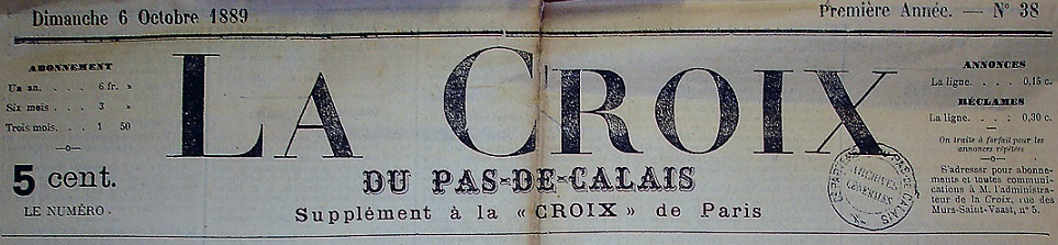 Photo (Société des amis de Panckoucke) de : La Croix du Pas-de-Calais. Arras, 1889-[1889?]. ISSN 1965-4383.