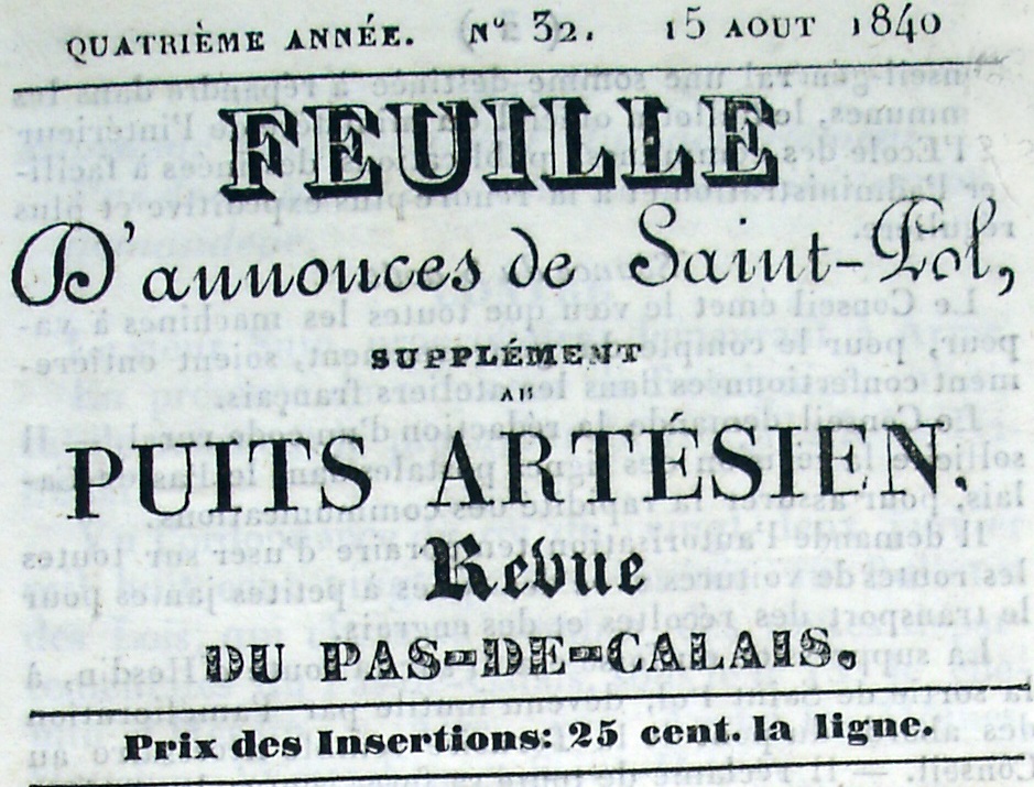 Photo (Société des amis de Panckoucke) de : Feuille d'annonces de Saint-Pol. Saint-Pol-sur-Ternoise, 1837-1841. ISSN 2107-9226.