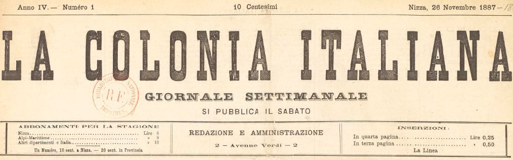 Photo (BnF / Gallica) de : La Colonia italiana. Nice, [1887 ?]-1888. ISSN 2124-0531.