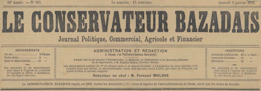 Photo (BnF / Gallica) de : Le Conservateur bazadais. Bazas, 1882-[1906 ?]. ISSN 2124-3557.