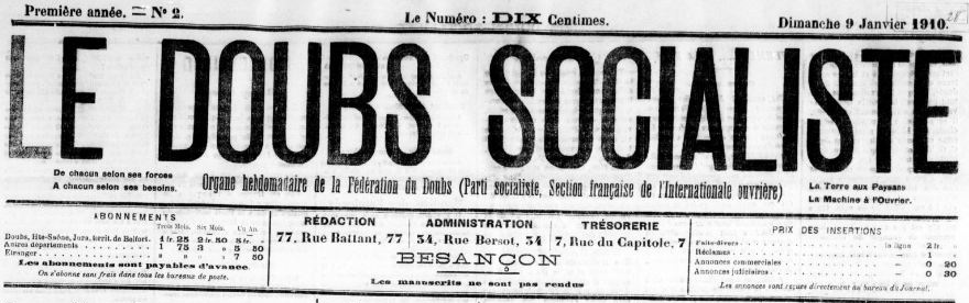 Photo (BnF / Gallica) de : Le Doubs socialiste. Besançon, 1910. ISSN 2024-1348.